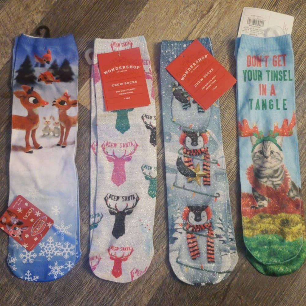 Women's crew socks holiday Rudolph reindeer cat
